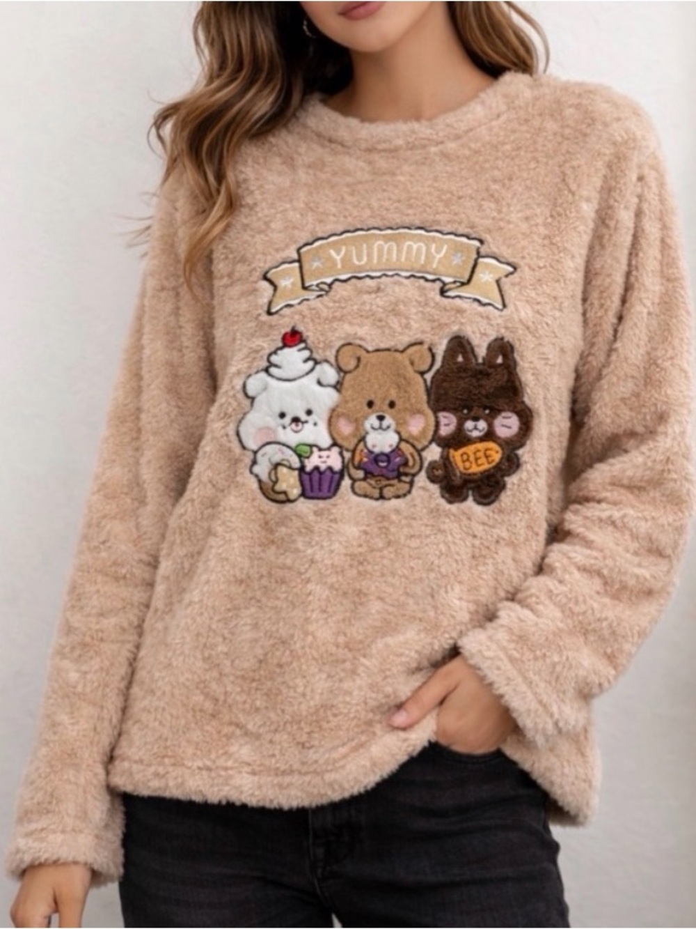Cute Kawaii Bear Plush Fleece Sweater Cozy Soft women’s One Size Beige(A477)✨